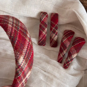 Red plaid tweed hair accessory set including thick headband and matching BB hair clips