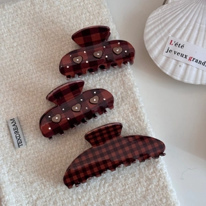 Retro cocoa brown plaid hair claw set with heart details and rhinestones for women