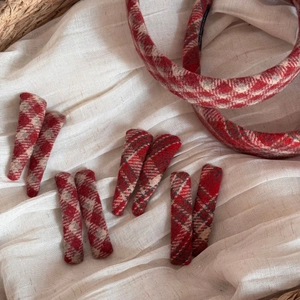 Red plaid wool headband and hair clips set for women in elegant tartan fabric style