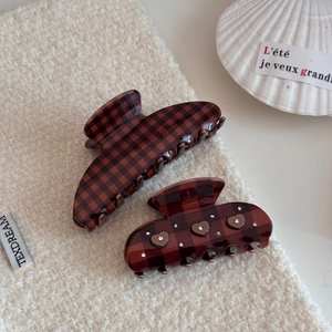 Vintage cocoa brown checkered hair claw clips with heart rhinestone accents for women