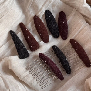 Retro polka dot fabric BB hair clips and comb set in black, brown and wine red tones