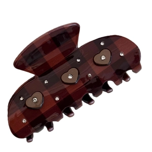Vintage cocoa brown plaid hair claw clip with heart accents and sparkling rhinestones