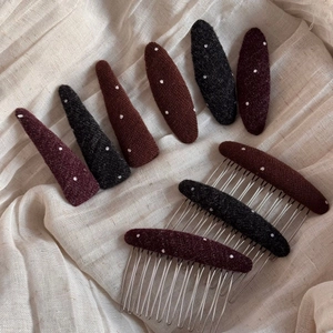Chic polka dot fabric hair clip and comb set in dark red, coffee, and purple tones