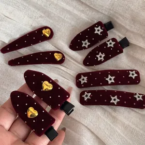 Vintage Burgundy Velvet Polka Dot Hair Clip With Gold Heart Silver Star Rhinestones Sweet Elegant BB Clip Women Hair Accessories