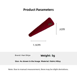 Detailed size specifications for the red wool drop-shaped hair clip with handmade logo