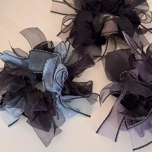 Elegant organza oversized hair scrunchies in black, blue and purple with layered ruffles