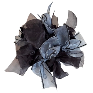 Elegant tiered organza bow hair scrunchie in black and grey, voluminous dual-tone hair accessory