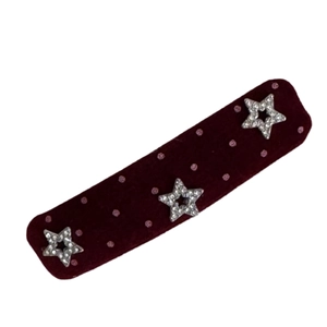 Vintage burgundy velvet hair clip with pink polka dots and three silver rhinestone stars