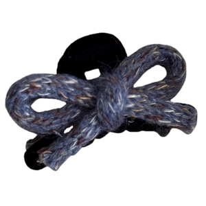 Elegant blue knit bow hair claw clip with black polished finish for women's hairstyling
