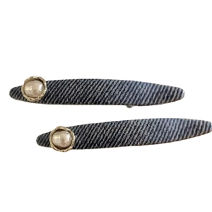 Denim striped hair clips with pearl detail in navy blue for women elegant hair styling