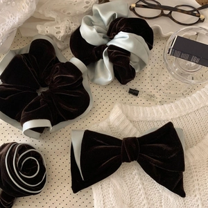 Elegant mint chocolate velvet and satin scrunchie set with bow hair clip for women