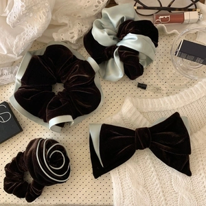 Vintage Velvet Satin Patchwork Scrunchies Bow Hair Clip Set Mint Green Brown Elegant Hair Ties For Women Party Accessories