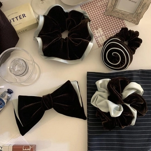Brown velvet scrunchies and bow hair clip set with elegant mint chocolate color blocking