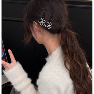Seitenansicht der Frisur mit gepunkteten Haarspangen und glänzenden Strassblumen