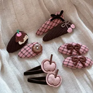 Korean Style Sweet Fabric Hair Clip Set Pink Brown Plaid Bow Apple Cherry Cake Decorative BB Clips For Girls Women Hair Accessories