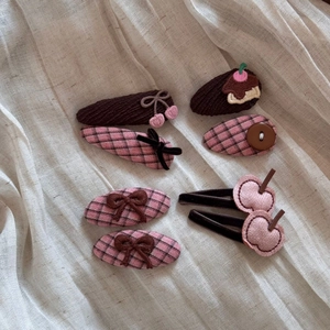 Set of 7 cute hair clips with pink and brown fabric bows, cherry, and cake embroidery