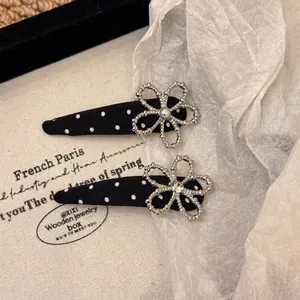 Koreanischer Stil Schwarz Polka Dot Blumen Haarklammer Und Samt Stirnband Set Elegant Strass Kunstperle Haarschmuck Damen