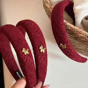 French Vintage Tweed Wine Red High Top Headband For Women Gold Star Little Horse Decorative Handmade Fashion Hair Accessories