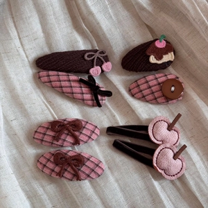 Set of 6 cute pink and brown fabric hair clips for girls with cherry and bow motifs