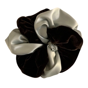 Brown velvet and light grey satin bicolor oversized scrunchie for women hair styling