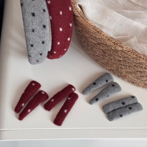 Retro wool felt polka dot headband set with matching hair clips in red and grey