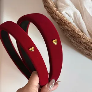 Vintage Velvet Padded Headband For Women Retro Red Satin Hair Band With Golden Metal Heart Elegant Fashion Hair Hoop Accessories