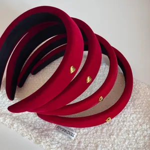 Set of 5 thick red velvet headbands with golden heart charms for New Year party hair