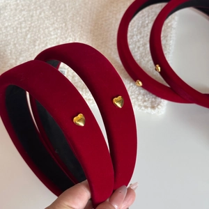 Red velvet padded headband with golden heart buckle for women elegant hair accessory
