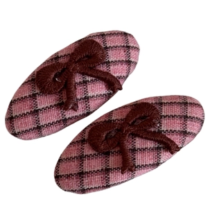 Sweet pink plaid hair clips for girls featuring delicate brown embroidered bows on white