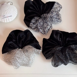 Three-piece velvet and printed tulle scrunchie set in black and grey leopard patterns