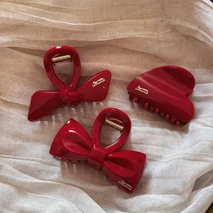 French Style Red Bow Hair Claw Clip For Women Elegant Resin Heart Shark Clip Hair Accessories For New Year Party Decoration