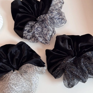 Velvet patchwork oversized scrunchie with grey animal print and sheer fabric texture