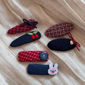 Set of 6 cute plaid and denim fabric hair clips with rabbit and cherry embroidery