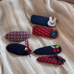 6-piece cute rabbit plaid fabric hair clip set with embroidery and ribbon details