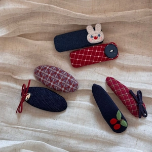 Cute plaid and denim hair clips set with rabbit and cherry embroidery for women