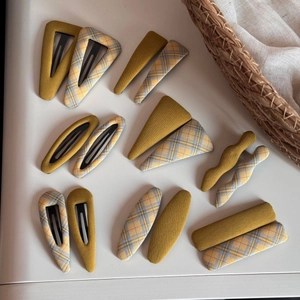 16-piece mustard yellow fabric BB hair clips set with plaid and solid patterns