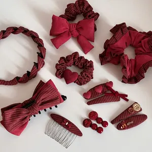Elegante Set di Fermagli per Capelli a Fiocco Rosso Vino a Righe da Donna Forcine Decorative Cuore Orso Elastici Cerchietto Regalo di Capodanno