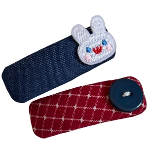 Cute plaid and denim fabric hair clips with rabbit embroidery and decorative buttons