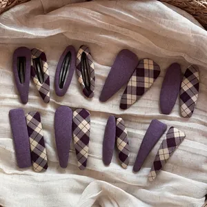 Korean Style Purple Plaid Fabric Wrapped Alloy BB Hair Clips For Women Elegant Handmade Side Bangs Clip Hair Accessories