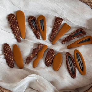 Vintage checkered fabric hair clips set in brown and caramel tones for women and girls