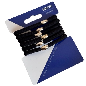 Set of six high-elasticity black hair ties with elegant silver beads on display card