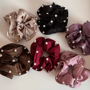 French Satin Artificial Pearl Ruffle Scrunchie Elegant Hair Tie Soft Elastic Hair Band For Women Girls Daily Hair Accessories
