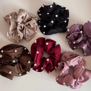 Elegant satin hair scrunchies with white pearls set of 6 varied colors for women