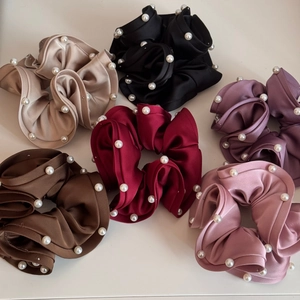 Set of 6 satin pearl hair scrunchies in various elegant colors for hair styling
