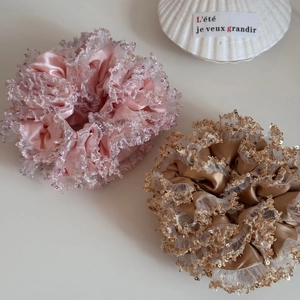 Elegant rose pink and champagne gold sequin lace scrunchies with silky satin texture