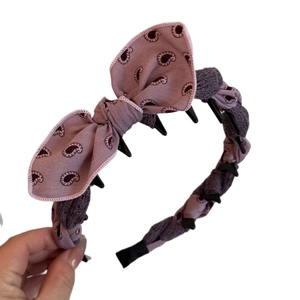 Double-layered paisley bow headband with non-slip teeth for women in vintage purple fabric