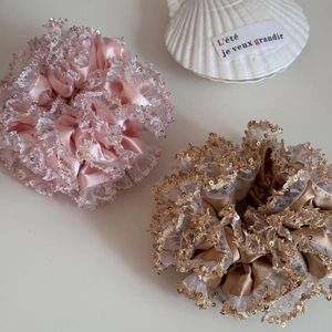 Pink and champagne gold satin scrunchies with sequined lace edges and summer shell decor