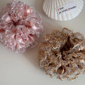 Detailed texture of rose pink sequin lace hair scrunchies with elegant silk fabric ruffles