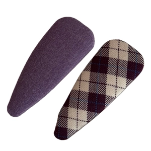 Elegant purple fabric covered snap hair clips with classic plaid pattern and solid texture
