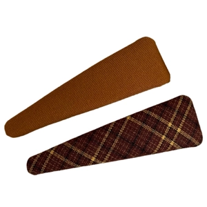 Set of 2 plaid and brown fabric hair clips in elongated teardrop shape on white background
